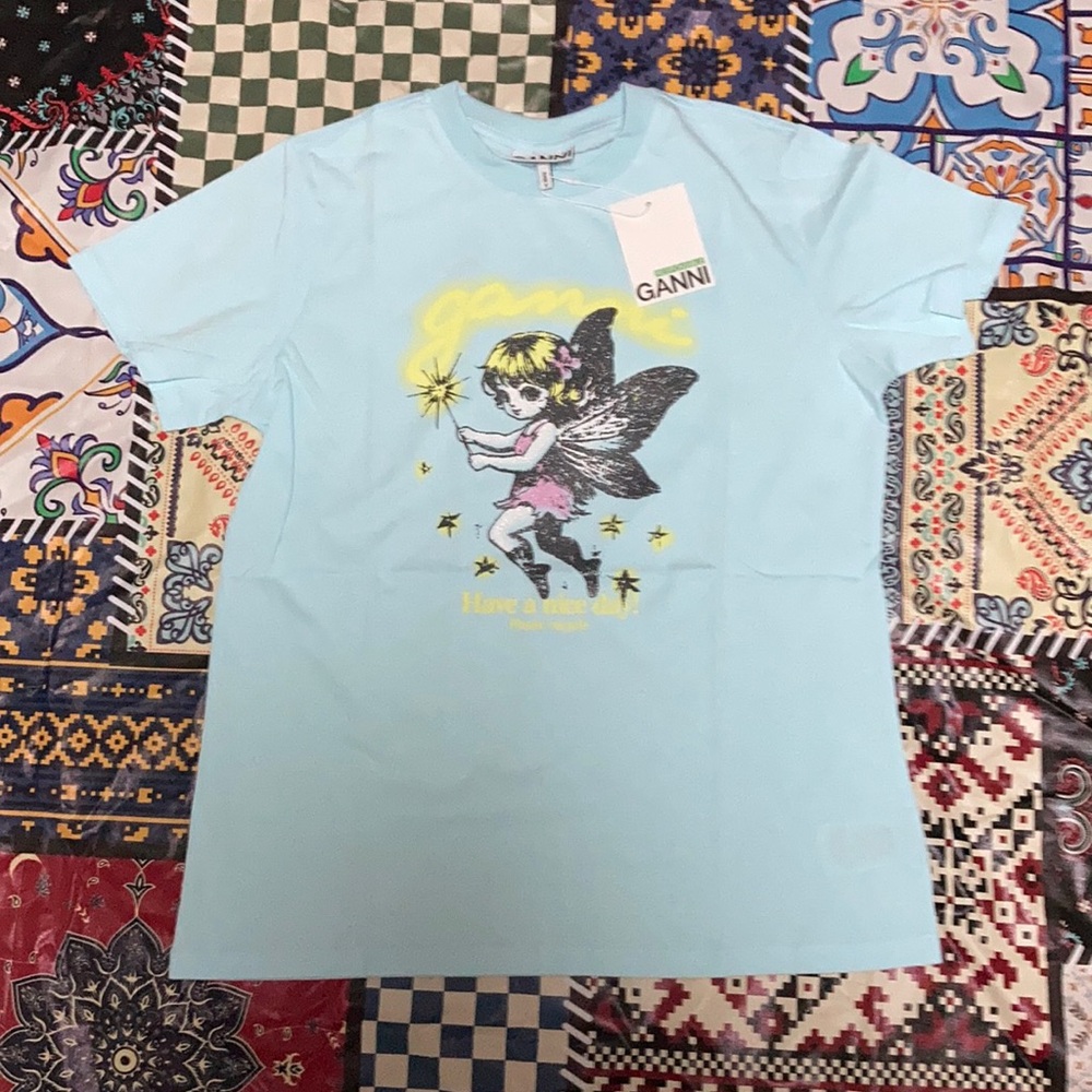 Ganni Retro Fairy Graphic Tee Light Blue Designer Cotton T-shirt NWT size small